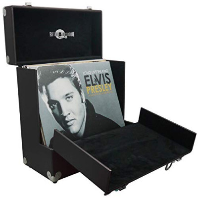 12 INCH WOODEN VINYL STORAGE CASE FOR 35 LPS - BLACK LEATHER STYLE - RETRO MUSIQUE