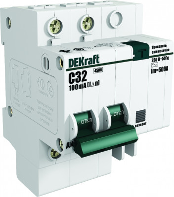Автоматический выключатель с дифференциальным током DEKraft ДИФ-101, тип: AC, 7 модуль, D класс, 2Р, 20А/30мА, с нейтралью (15167DEK)