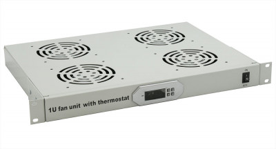 Вентиляторный модуль Cabeus, 19", 220V, 1U, 45х485х320 мм (ВхШхГ), вентиляторов: 4, поток: 600 м3/ч, для шкафов, цвет: серый, (с цифровым термодатчиком)