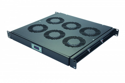Вентиляторный модуль Eurolan, с контроллером температуры, 220V, 1U, 420 мм Г, вентиляторов: 6, поток: 920 м3/ч, для настенных шкафов глубиной 450мм, цвет: чёрный, (с контроллером)