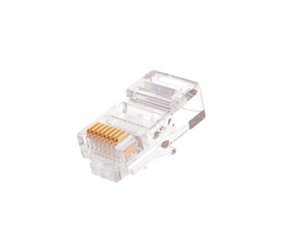 Коннектор Nikomax, RJ45(8p8c), кат. 5е, неэкр., круглый ввод, для одножильного и многожильного кабеля, 100 шт, цвет: прозрачный, универс. ножи, золото