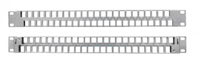Коммутационная патч-панель наборная Hyperline, 19", 1HU, портов: 48 х keystone, кат. 5-7A, с задним кабельным организатором (без модулей), цвет: серый, (PPBLHD-19-48S-SH-RM)