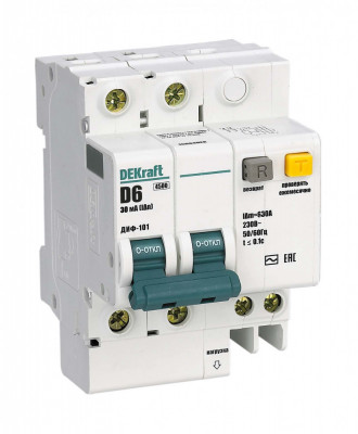 Автоматический выключатель с дифференциальным током DEKraft ДИФ-101, тип: AC, 7 модуль, D класс, 2Р, 6А/30мА,  (15084DEK)