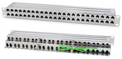 Коммутационная патч-панель Hyperline, 19", 1HU, портов: 48 х RJ45, кат. 6A, универсальная, экр., (PPHD-19-48-8P8C-C6A-SH-110D)