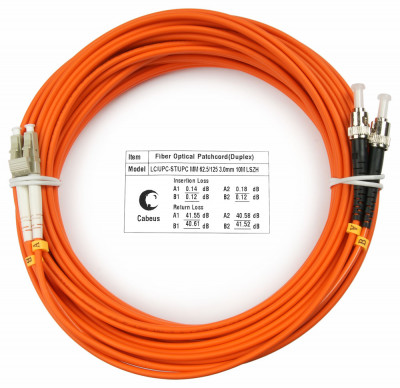 Коммутационный шнур оптический Cabeus Tight Buffer, Duplex ST/LC (UPC/UPC), OM1 62,5/125, LSZH, Ø 3мм, 10м, цвет: оранжевый, (FOP-62-LC-ST-10m)