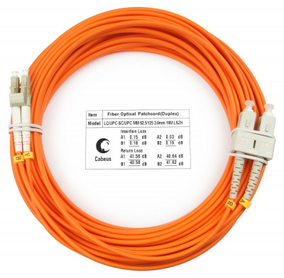 Коммутационный шнур оптический Cabeus Tight Buffer, Duplex SC/LC (UPC/UPC), OM1 62,5/125, LSZH, Ø 3мм, 10м, цвет: оранжевый, (FOP-62-LC-SC-10m)