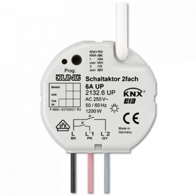 KNX актуатор коммутирующий, 2 группы 6 A, с интерфейсом для скрытого монтажа (2132.6UP)