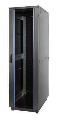 Шкаф телекоммуникационный напольный Eurolan S3000, IP20, 47U, 2250х600х600 мм (ВхШхГ), дверь: стекло, задняя дверь: металл, боковая панель: сплошная, разборный, цвет: чёрный, (60F-47-66-31BL)