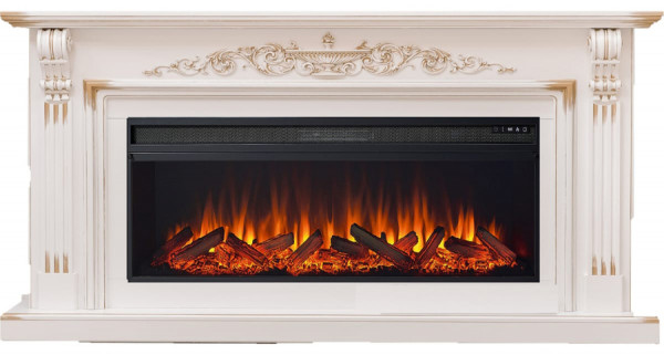 Линейный электрокамин Elekam Irida светлый беж + золотая патина с очагом Pulsar 60