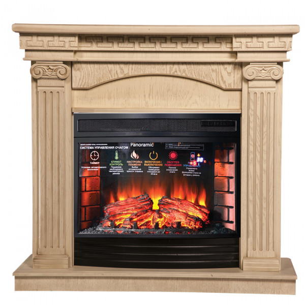 Электрокамин с широким очагом 2D InterFlame Афина (бежевый)) с очагом Panoramic 25 LED FX