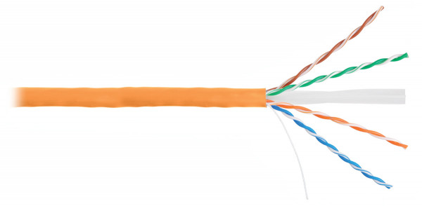 Кабель витая пара Nikolan, U/UTP, 4 пар., кат. 6, проводник Ø 0,55мм, AWG23, LSZH (нг(A)-HF), 250МГц, 1м (барабан 305м), тип прокладки: внутри зданий, цвет: оранжевый