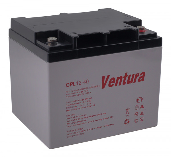 Аккумулятор для ИБП Ventura GPL, 170х165х197 мм (ВхШхГ),  необслуживаемый свинцово-кислотный,  12V/41 Ач, цвет: серый, (GPL 12-40)