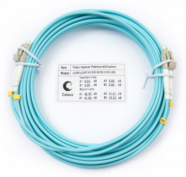 Коммутационный шнур оптический Cabeus Tight Buffer, Duplex LC/LC, OM3 50/125, LSZH, Ø 3мм, 7м, цвет: аква, (FOP-50-LC-LC-7m)