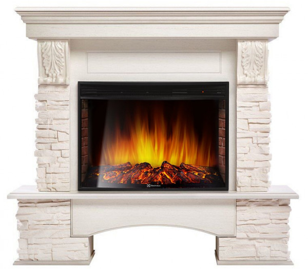 Электрокамин с широким очагом 2D Electrolux EFP/P-3320RLS с порталом Firelight Pietra 30U (угловой) камень белый, шпон белёный дуб