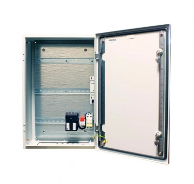 Шкаф уличный всепогодный укомплектованный настенный OSNOVO, IP66, корпус: сталь листовая, 600х400х210 мм (ВхШхГ), цвет: серый, (с DIN-рейками, автоматом 2Р), с нагревом, без охлаждения