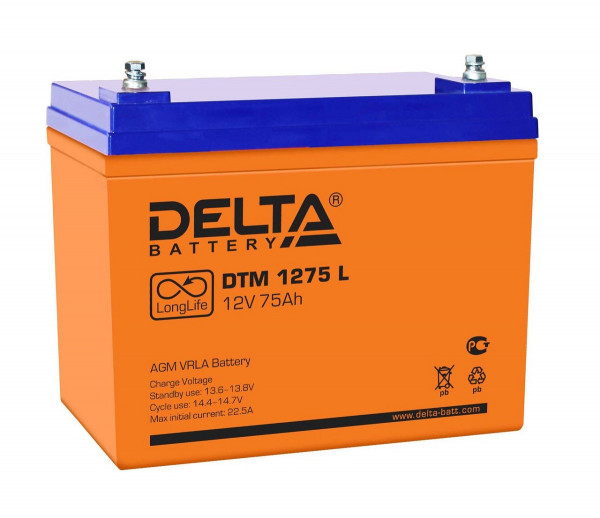 Аккумулятор для ИБП Delta Battery DTM L, 215х166х258 мм (ВхШхГ),  Необслуживаемый свинцово-кислотный,  12V/75 Ач, цвет: оранжевый, (DTM 1275 L)