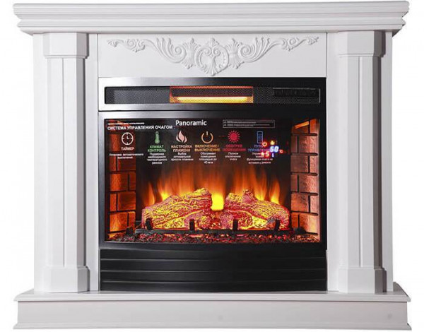Электрокамин с широким очагом 2D InterFlame Джениус (белый) с очагом Panoramic 25 LED FX QZ