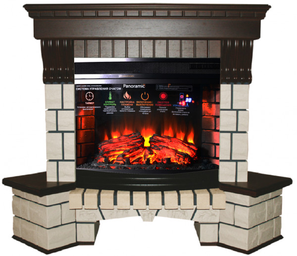 Электрокамин с широким очагом 2D InterFlame Экстер угловой (тёмный дуб) с очагом Panoramic 25 LED FX