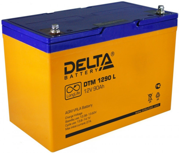 Аккумулятор для ИБП Delta Battery DTM L, 216х169х306 мм (ВхШхГ),  Необслуживаемый свинцово-кислотный,  12V/90 Ач, цвет: оранжевый, (DTM 1290 L)