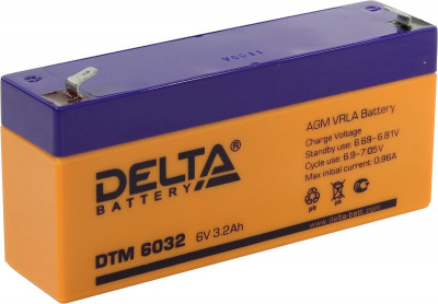Аккумулятор для ИБП Delta Battery DTM, 67х34х134 мм (ВхШхГ),  Необслуживаемый свинцово-кислотный,  6V/3,2 Ач, цвет: оранжевый, (DTM 6032)