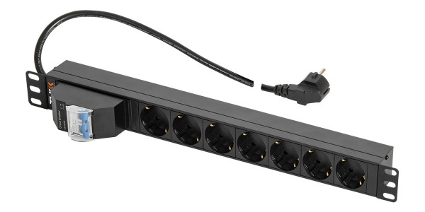 Блок силовых розеток TLK, 19", неуправляемый, Shuko х 7, вход Schuko, для шкафов и стоек, шнур 2 м, 1U, 44,4х490х44,4 мм (ВхШхГ), 16А, автомат, чёрный