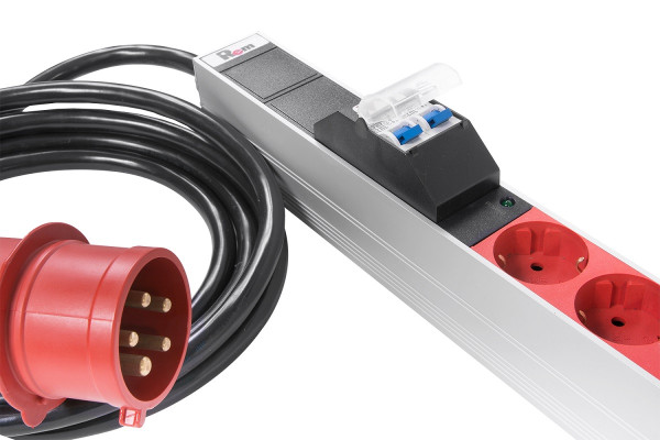 Блок силовых розеток Rem Rem-3x32, вертикальный, неуправляемый, Shuko х 24, вход IEC 320 309 3PN, шнур 3 м, 1 863мм, трехфазный 32А, автомат + индикатор, алюминий, 6 автоматов 2P