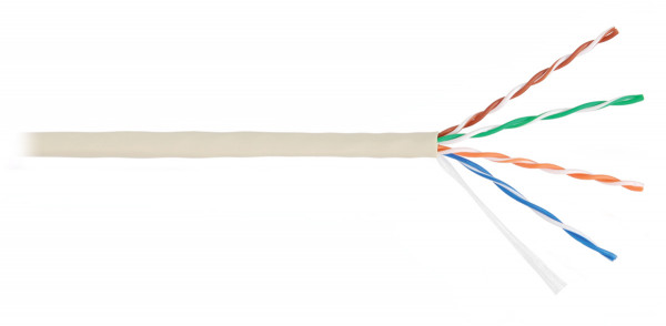 Кабель витая пара Nikolan, U/UTP, 4 пар., кат. 5е, проводник Ø 0,5мм, AWG24, LSZH (нг(A)-HF), 100МГц, 1м (барабан 305м), тип прокладки: внутри зданий, цвет: серый