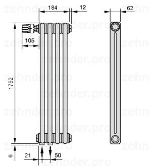 Стальной трубчатый радиатор 2-колончатый Zehnder Charleston 2180/4 TL