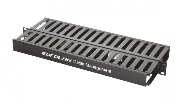 Организатор коммутационных шнуров Eurolan, 19", 1HU, 40х440х102 мм (ВхШхГ), перфорированный с крышкой, цвет: чёрный, (основа металл, лепестки и крышка- пластик)