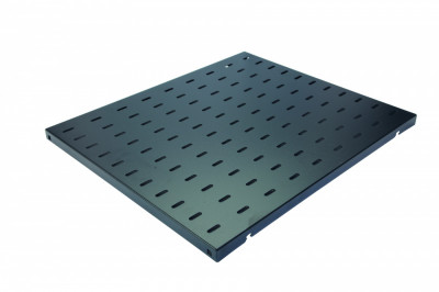 Полка Eurolan, перфорированная, стационарная, 1U, 25х496х390 мм (ВхШхГ), нагрузка до 50 кг, для шкафов и стоек Eurolan, с комплектом крепежа, цвет: чёрный