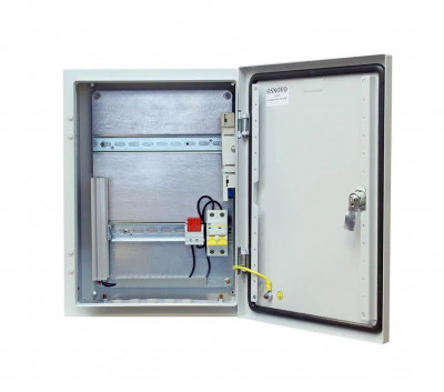 Шкаф уличный всепогодный укомплектованный настенный OSNOVO, IP66, корпус: сталь листовая, 400х300х210 мм (ВхШхГ), цвет: серый, (с DIN-рейками, автоматом 2Р), с нагревом, без охлаждения