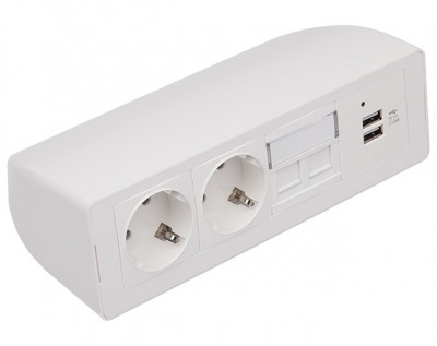 Блок силовых розеток Simply Connect, неуправляемый, настольный, шнур 3 м 220 В, белый, 2 розетки + USB A/A + плата под 2 разъема RJ45