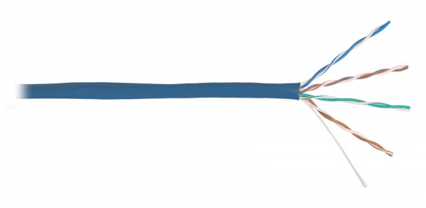 Кабель витая пара Nikolan, U/UTP, 4 пар., кат. 5е, проводник Ø 0,5мм, AWG24, LSZH (нг(A)-HF), 100МГц, 1м (барабан 305м), тип прокладки: внутри зданий, цвет: синий