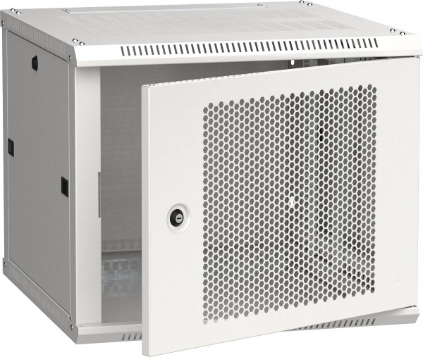 Шкаф навесной ITK LINEA W, 19", 9U, 500х600х600 мм (ВхШхГ), дверь: перфорация, боковая панель: сплошная съемная, разборный, цвет: серый, (нагрузка 300 кг на опоры)