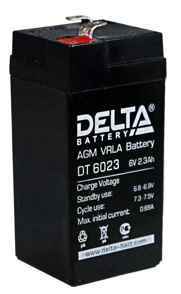 Аккумулятор для ИБП Delta Battery DT, 107х47х44 мм (ВхШхГ),  Необслуживаемый свинцово-кислотный,  6V/2,3 Ач, цвет: чёрный, (DT 6023)
