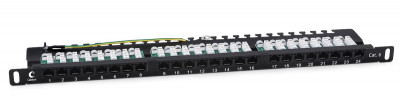 Коммутационная патч-панель Cabeus, 19", 0,5HU, портов: 24 х RJ45, кат. 6, экр., порты в 1 ряд, цвет: чёрный, (PLHD-24-Cat.6-Dual-90-0,5U)
