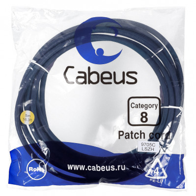 Шнур коммутационный Cabeus, кат. 8, экр., S/FTP, RJ45/8P8C, d 8 5м, LSZH, AWG24 синий, (PC-SSTP-RJ45-Cat.8-5m-LSZH)