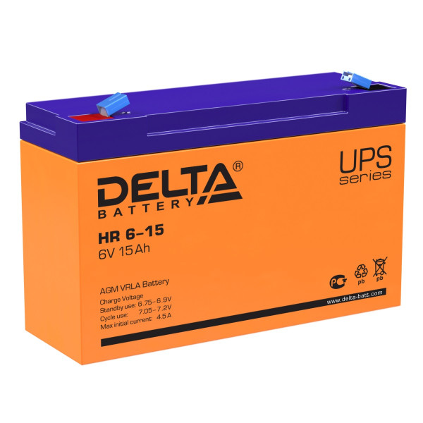Аккумулятор для ИБП Delta Battery HR, 100х50х151 мм (ВхШхГ),  Необслуживаемый свинцово-кислотный,  6V/15 Ач, цвет: оранжевый, (HR 6-15)
