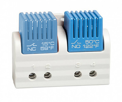 Термостат STEGO FTD 011, 47х63х33 мм (ВхШхГ), на DIN-рейку, для вентиляторов, 250V, синий, выключение NO+50 °C, NO+40 °C