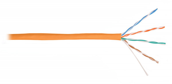 Кабель витая пара Nikolan, U/UTP, 4 пар., кат. 5е, проводник Ø 0,5мм, AWG24, LSZH (нг(A)-HF), 100МГц, 1м (барабан 305м), тип прокладки: внутри зданий, цвет: оранжевый