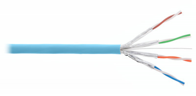 Кабель витая пара Nikolan, U/FTP, 4 пар., кат. 6A, проводник Ø 0,56мм, AWG23, LSZH (нг(A)-HF), 500МГц, 1м (барабан 500м), тип прокладки: внутри зданий, цвет: голубой