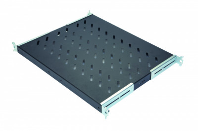 Полка Eurolan, перфорированная, стационарная, 1U, 44х427х370 мм (ВхШхГ), нагрузка до 50 кг, для шкафов 600мм, с комплектом крепежа, цвет: чёрный