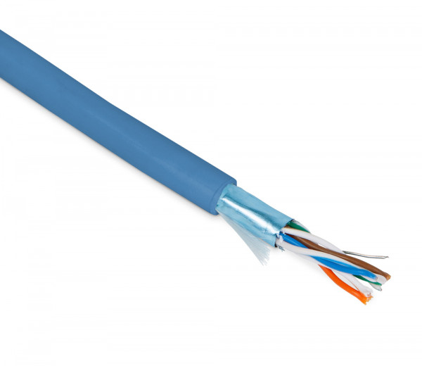 Кабель витая пара Hyperline FUTP4-C5E-P26-IN-PVC, F/UTP, 4 пар., кат. 5е, проводник Ø 0,48мм, AWG26, PVC, 100МГц, 1м (коробка 100м), тип прокладки: внутри зданий, цвет: синий