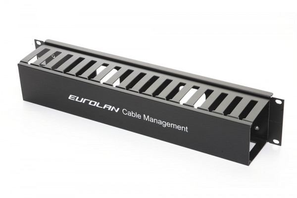 Организатор коммутационных шнуров Eurolan, 19", 2HU, 482,6х80,7 мм (ШхГ), перфорированный с крышкой, на 80 четырехпарных кабелей utp, цвет: чёрный, (Металл, пластик)