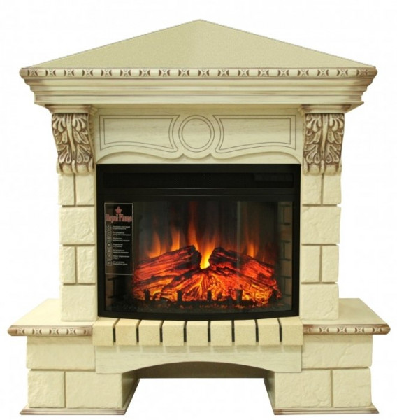 Электрокамин с широким очагом 2D Royal Flame Pierre Luxe Шампань угл. с очагом Dioramic 25 (Сл.кость с патиной)