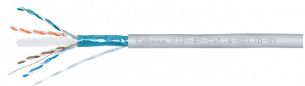 Кабель витая пара Cabeus, F/UTP, 4 пар., кат. 6, проводник Ø 0,57мм, AWG23, PVC нг(А)-LS, 100МГц, 1м (бухта 305м), тип прокладки: внутри зданий, цвет: серый