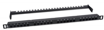 Коммутационная патч-панель Cabeus, 19", 0,5HU, портов: 24 х RJ45, кат. 5е, неэкр., порты в 1 ряд, цвет: чёрный, (PLHD-24-Cat.5e-Dual-180-0,5U)