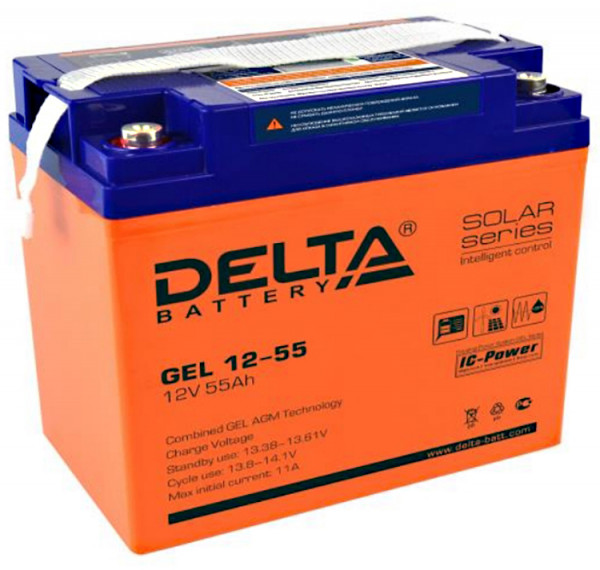 Аккумулятор для ИБП Delta Battery GEL, 214х137х228 мм (ВхШхГ),  необслуживаемый электролитный,  12V/55 Ач, цвет: жёлтый, (GEL 12-55)