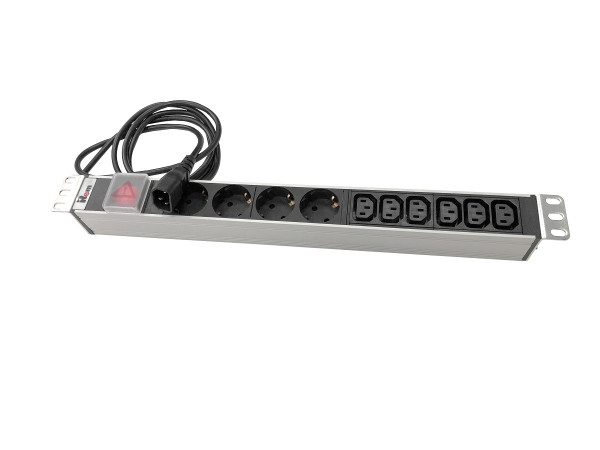 Блок силовых розеток Rem Rem-10, горизонтальный, неуправляемый, IEC 60320 С13 х 6, Shuko х 4, вход IEC 320 C14, шнур 1,8 м, 1U, 45мм 10А, выключатель, чёрный, 2,2-2,5кВт