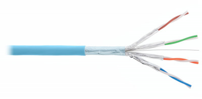 Кабель витая пара Nikolan, F/FTP, 4 пар., кат. 6A, проводник Ø 0,56мм, AWG23, LSZH (нг(A)-HF), 500МГц, 1м (барабан 500м), тип прокладки: внутри зданий, цвет: голубой